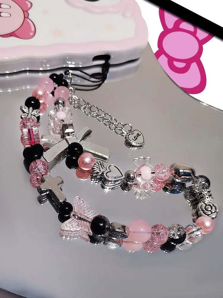 Original Y2K Sweet Cool Black Pink Pearl Phone Charm Strap Keychain Bag Camera Lanyard Cracked Bead Spicy Girls Jewelry Pendant