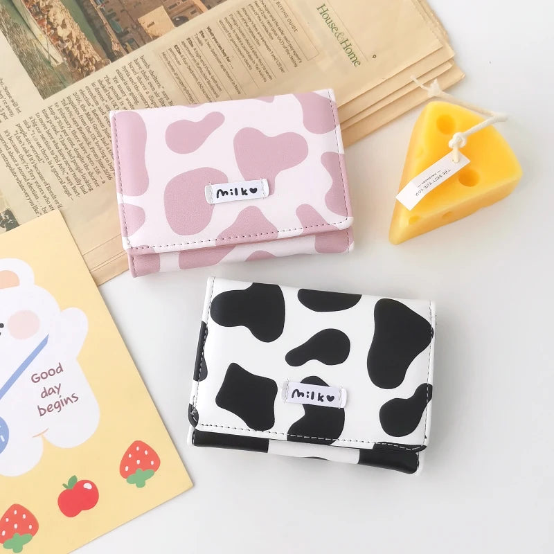 Women Cute Wallet Cow Print PU Leather Business Card Holder Female Girl Coin Purse Pouch Women Tri-fold Cartoon Short Wallet