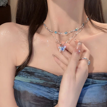 Romantic Blue Crystal Butterfly Necklace for Women Girls Simple Shiny Zircon Bilayer Choker Clavicle Chain New Fine Jewelry Gift