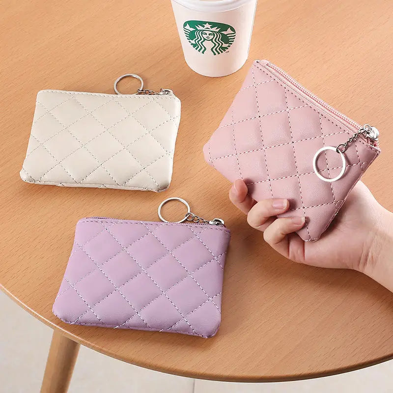 Women PU Leather Wallet Fashion Zipper Coin Key Chain Small Purses Money Clip Case Diamond Pattern Short Change Pouch Coin Purse