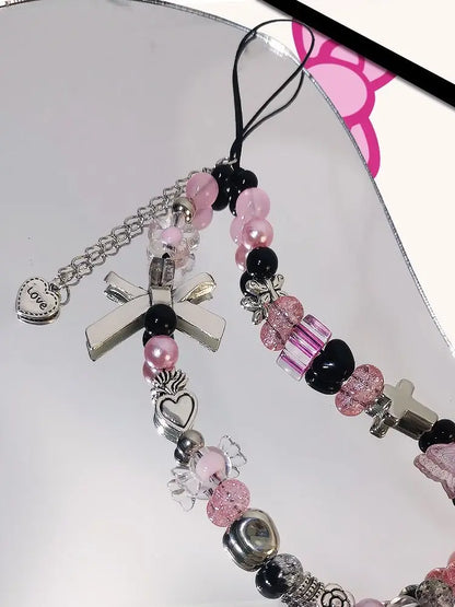 Original Y2K Sweet Cool Black Pink Pearl Phone Charm Strap Keychain Bag Camera Lanyard Cracked Bead Spicy Girls Jewelry Pendant