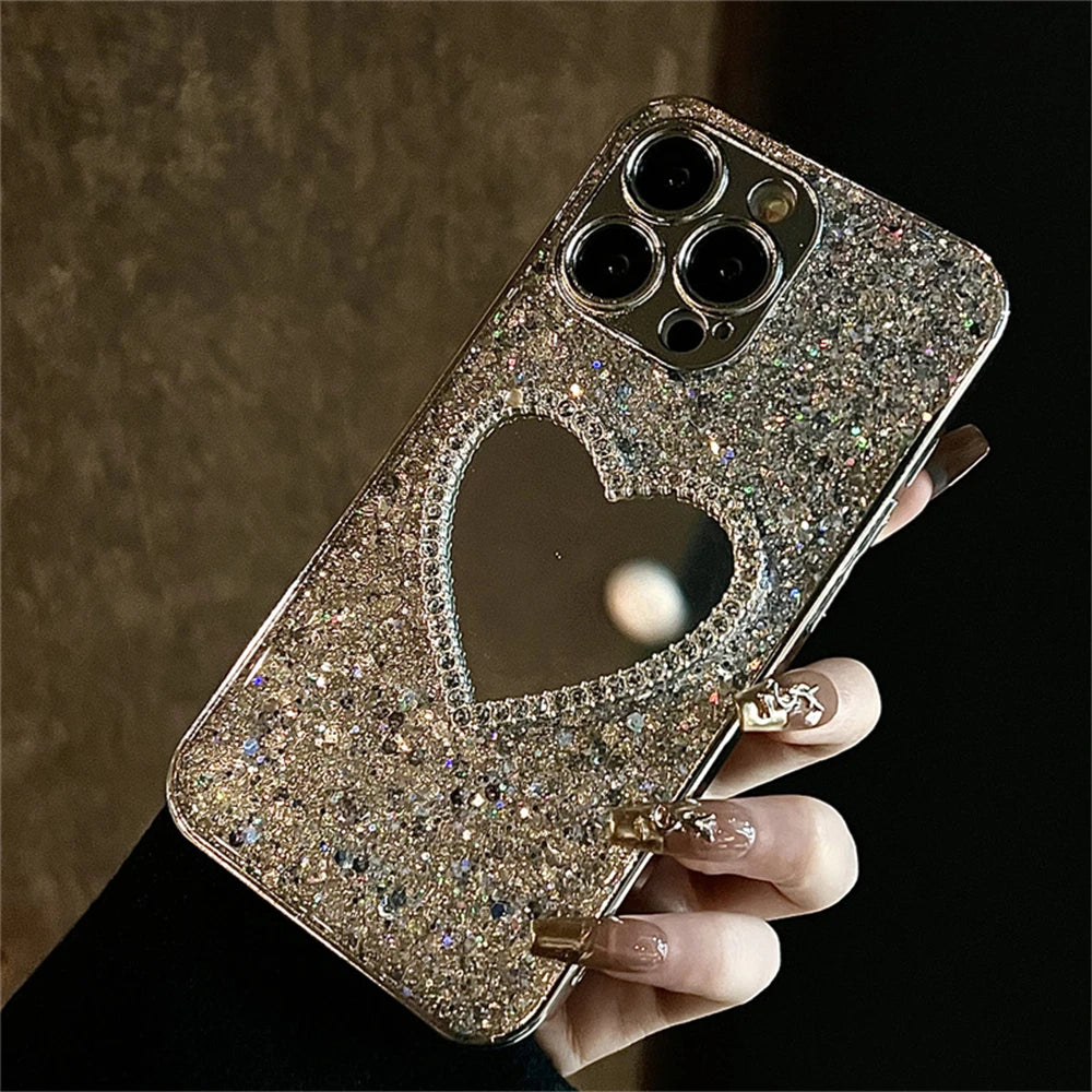 Luxury Bling Glitter Plating 3D Love Heart Mirror Sequins Phone Case For iphone 14 15 13 12 Pro Max 11 INS Lens Protection Cover