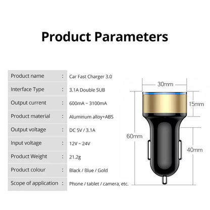 Dual USB Car Charger 3.1A QC3.0 LED Digital Fast Charging Charger Auto Cigarette Lighter Adapter 12V 24V For IPhone Xiaomi