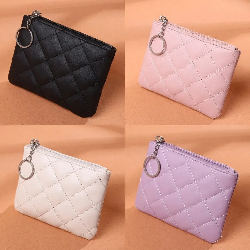 Women PU Leather Wallet Fashion Zipper Coin Key Chain Small Purses Money Clip Case Diamond Pattern Short Change Pouch Coin Purse