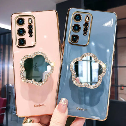 Matte Flower Mirror Holder Case For Samsung S23 Ultra S22 Plus S21 S20 FE S10 Plus Note 10 Lite S9 S8 Simple Texture Soft Cover