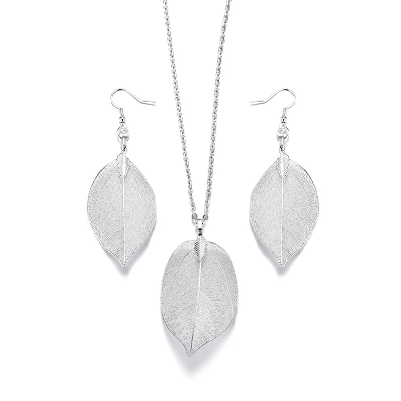 Unique Filigree Natural Real Leaf Earrings For Women Gold Silver Color Wedding Earrings Chain Long Necklace Jewelry Set Gift