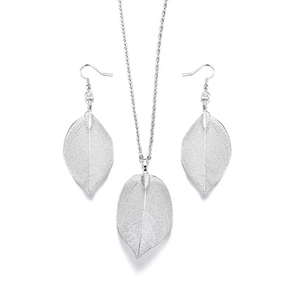 Unique Filigree Natural Real Leaf Earrings For Women Gold Silver Color Wedding Earrings Chain Long Necklace Jewelry Set Gift