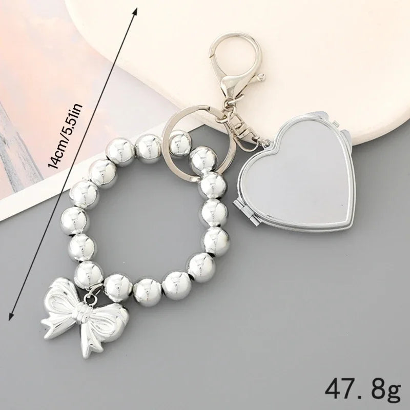 Silver Color Plastic Keyring Bracelets for Women,Beaded Wristlet Keychain Key Chain with Bows Heart Pendant,Girl Gift