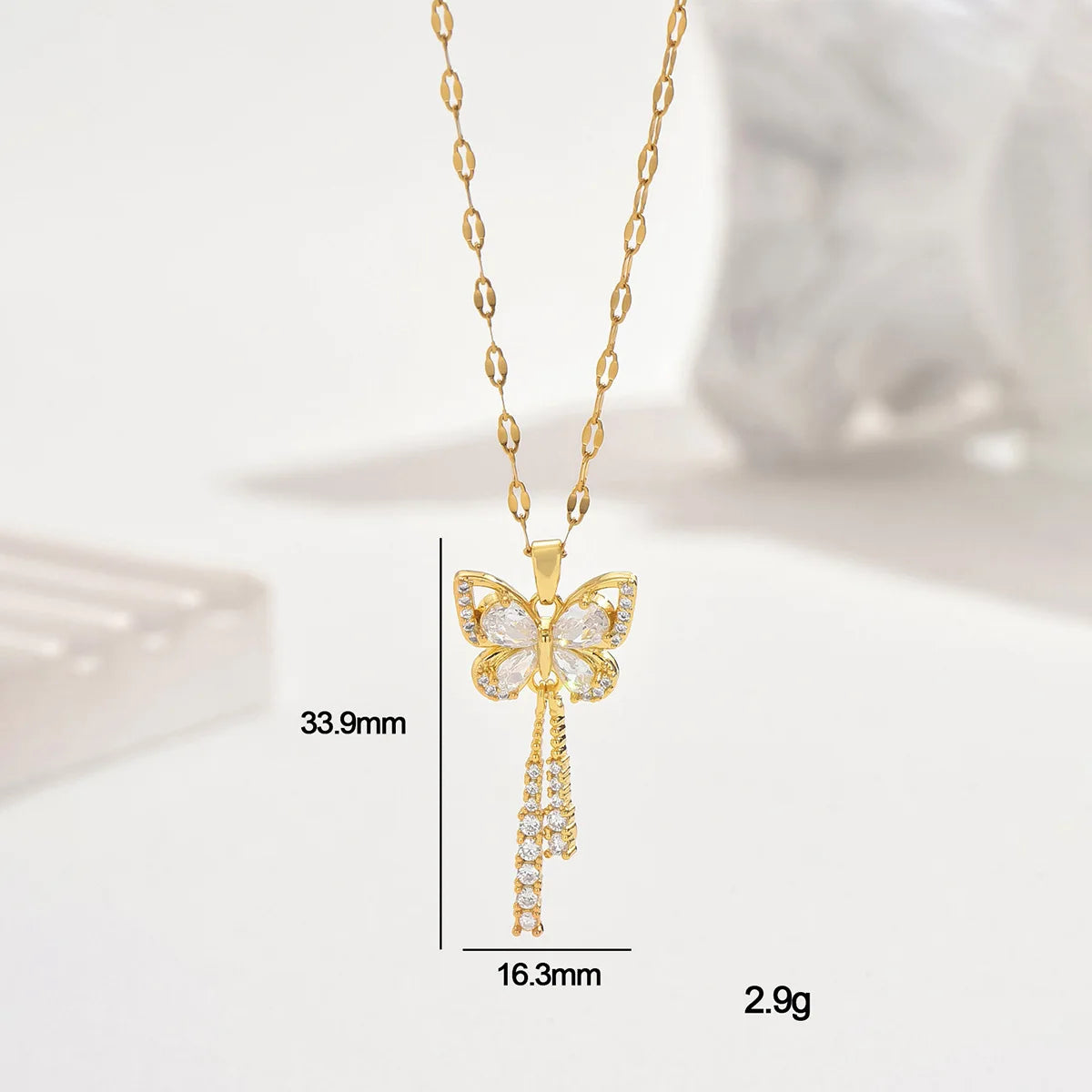 Exquisite Micro Inlaid Zircon Butterfly Tassel Necklace with Titanium Steel, Perfect Gift for Fashion-forward Women