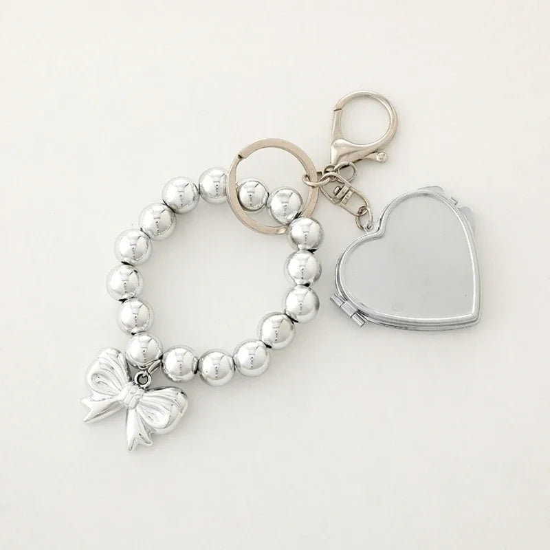 Silver Color Plastic Keyring Bracelets for Women,Beaded Wristlet Keychain Key Chain with Bows Heart Pendant,Girl Gift