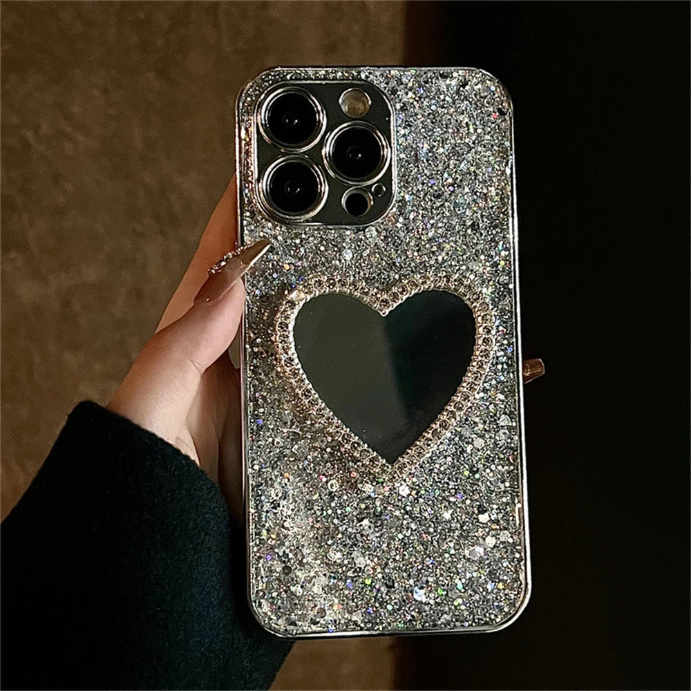 Luxury Bling Glitter Plating 3D Love Heart Mirror Sequins Phone Case For iphone 14 15 13 12 Pro Max 11 INS Lens Protection Cover