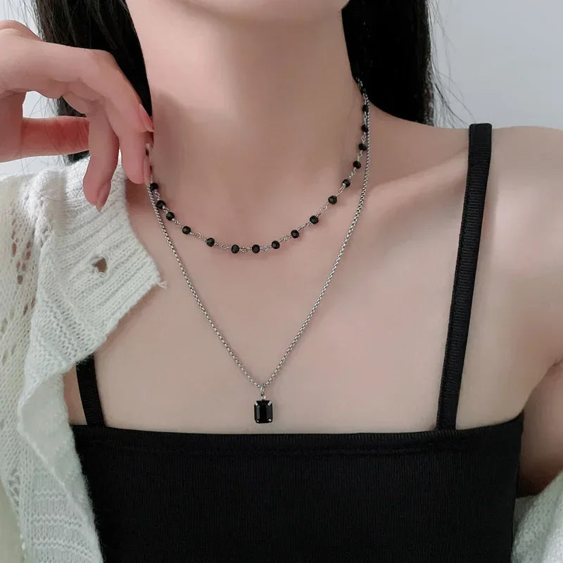 New Black Crystal Beaded Double Layer Necklace for Women Personalized Fashionable Daily Accessories Party Jewelry Birthday Gifts