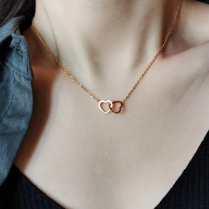 Simple Double Heart Pendant Necklace for Women Couple Stainless Steel Choker Gold Color Chain Wedding Party Friends Jewelry Gift