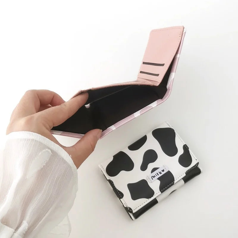 Women Cute Wallet Cow Print PU Leather Business Card Holder Female Girl Coin Purse Pouch Women Tri-fold Cartoon Short Wallet