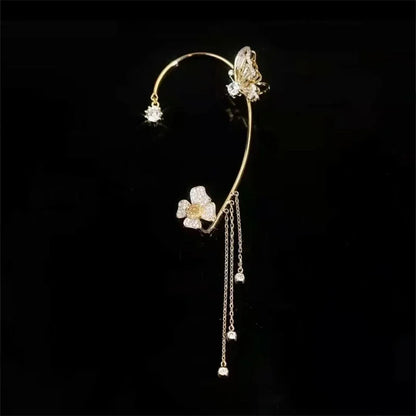 Fashion Crystal Butterfly Clip Earring for Women Pearl Bead Ear Cuff Long Tassel Charm Hollow Earrings Clip Wedding Jewelry Gift