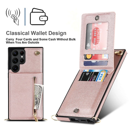 Zipper Wallet CrossBody Lanyard Case For Samsung Galaxy S24 Ultra S22 S21 Note20 S20 S10 S23 Plus 5G Kickstand Cards Solt Cover